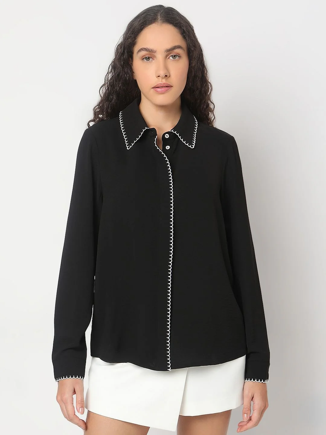 Black Scallop Detail Shirt - Image 2