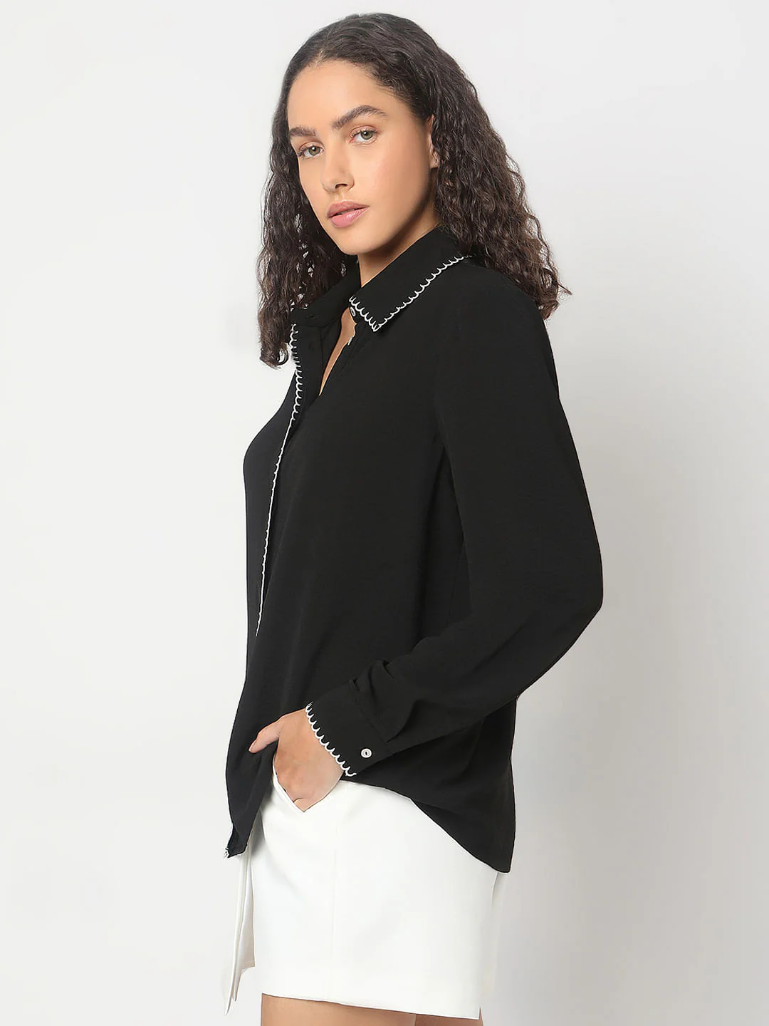Black Scallop Detail Shirt - Image 3