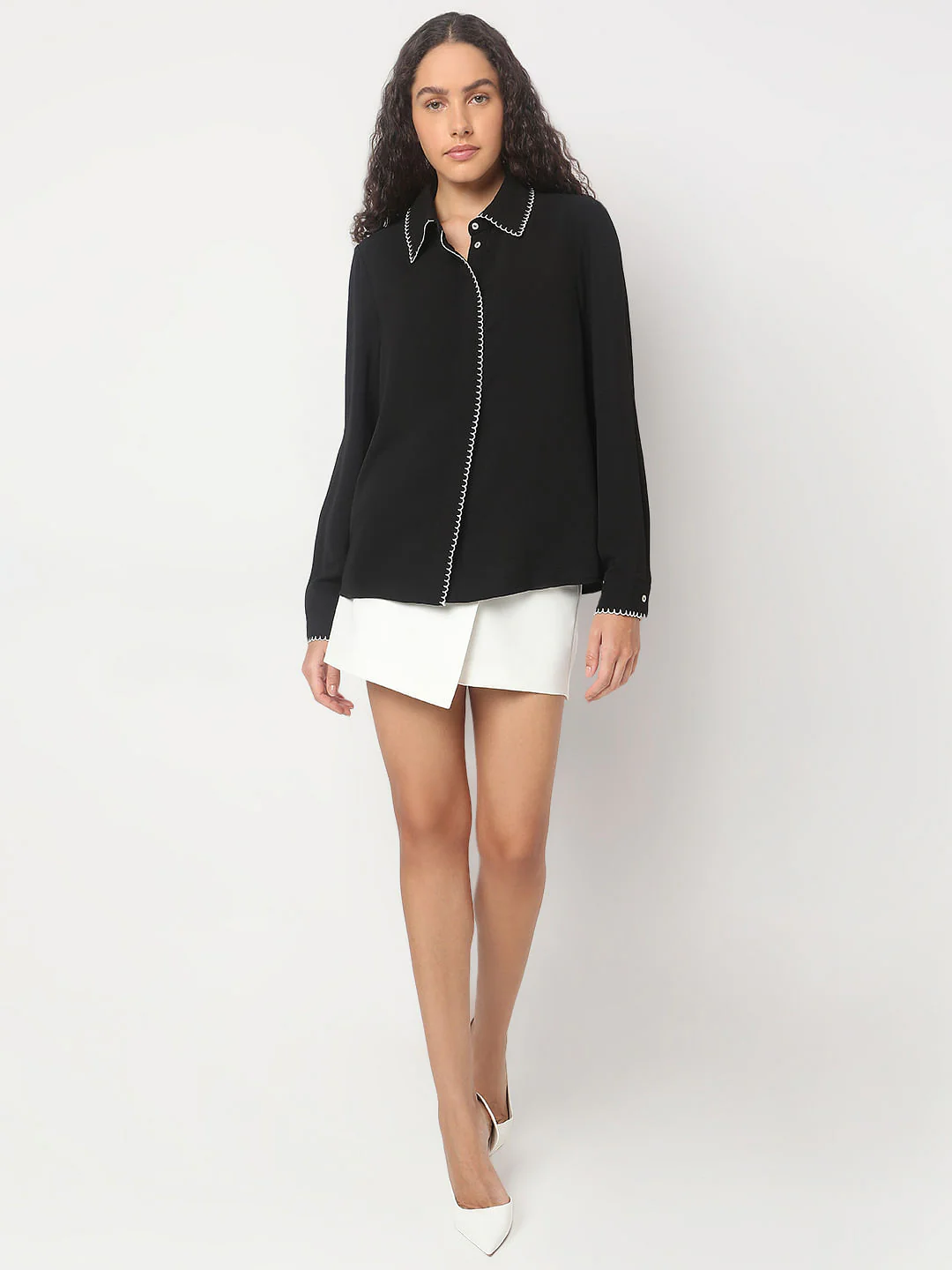 Black Scallop Detail Shirt - Image 5
