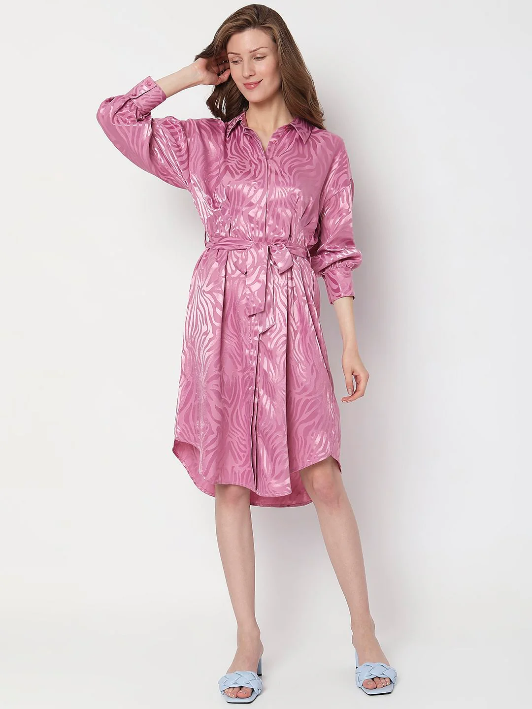 Pink Snakeskin Satin Shirt Dress - Image 2