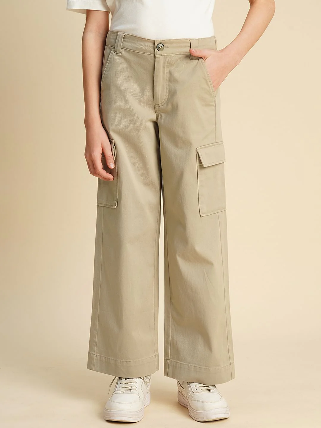 Girls Brown Wide Leg Cargo Pants - Image 2