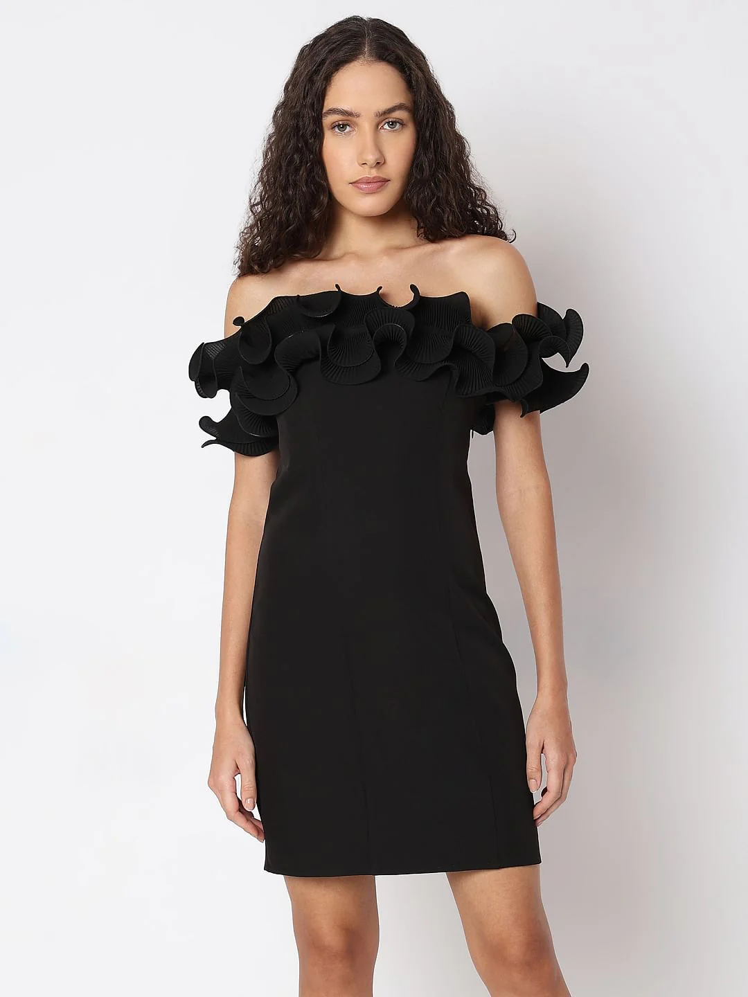 Black Ruffled Off-Shoulder Dress - Image 2