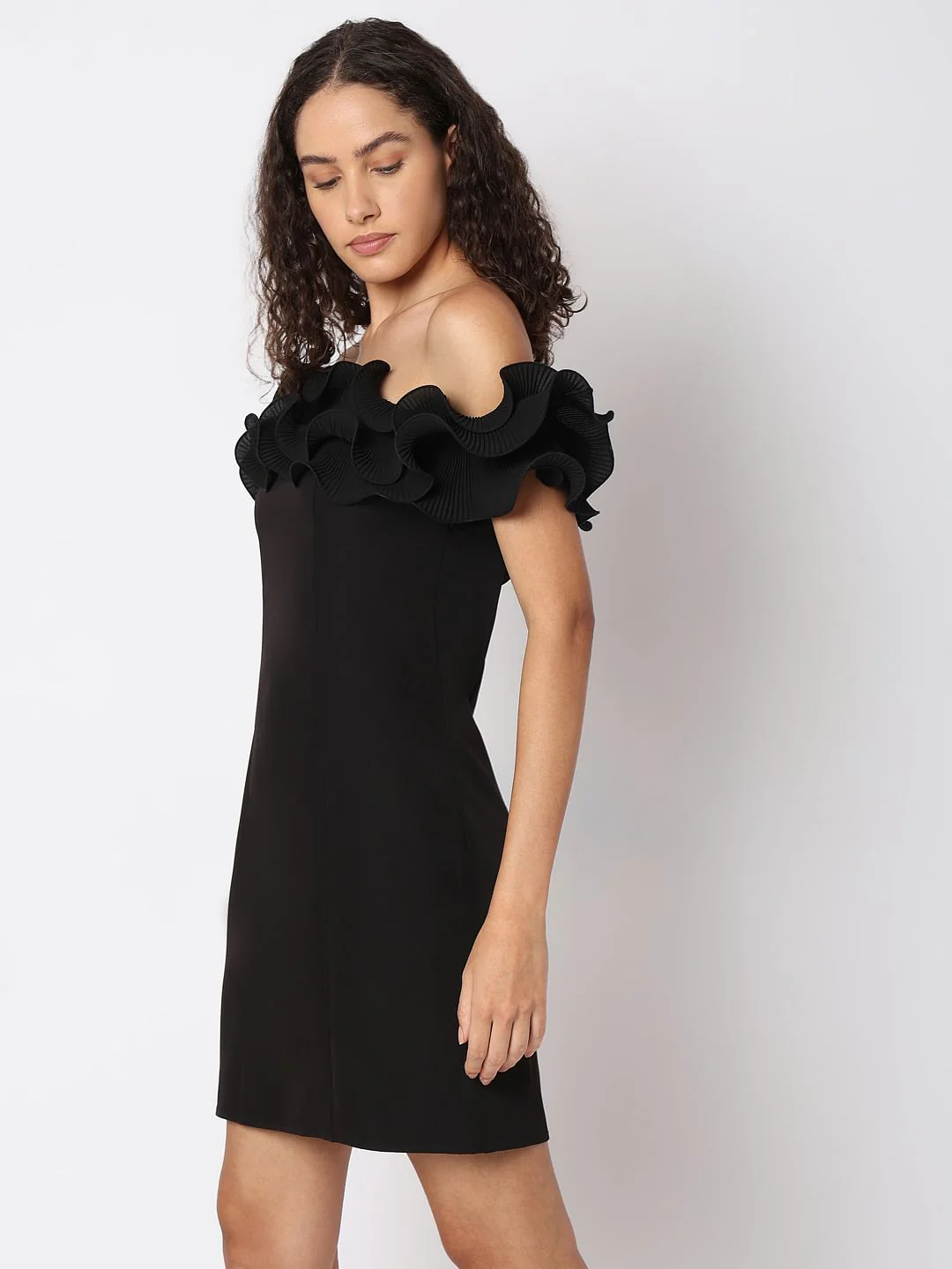 Black Ruffled Off-Shoulder Dress - Image 3