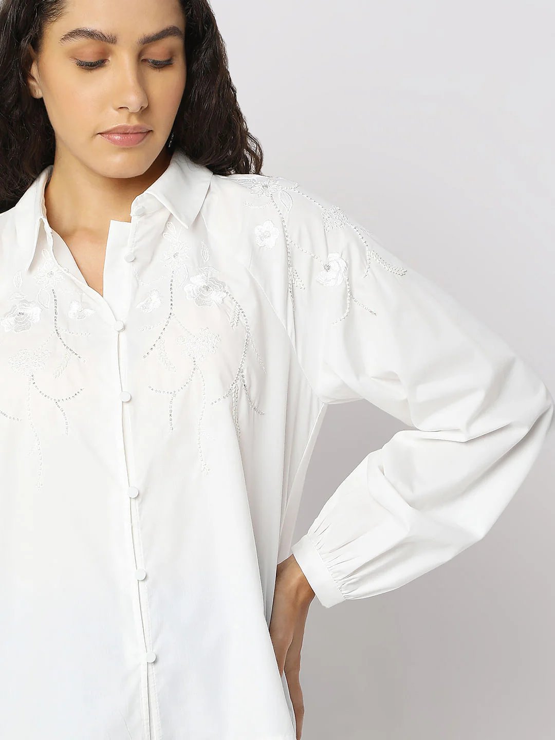 White Embroidered Cotton Shirt - Image 6