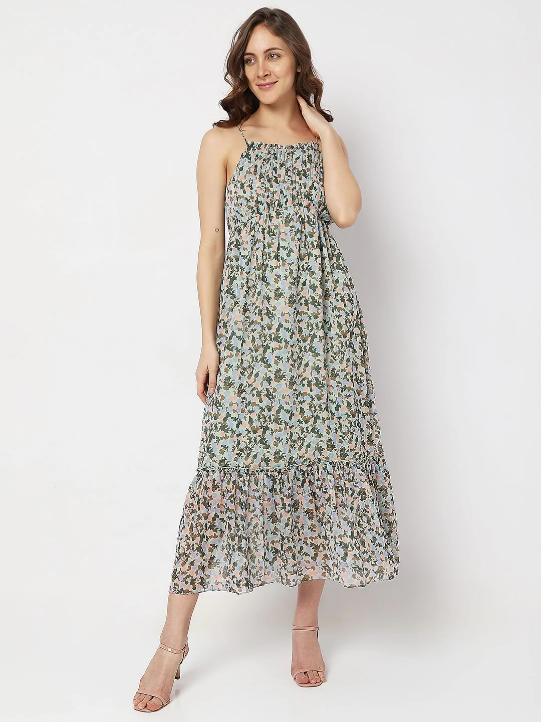 Green Floral Tiered Midi Dress - Image 2