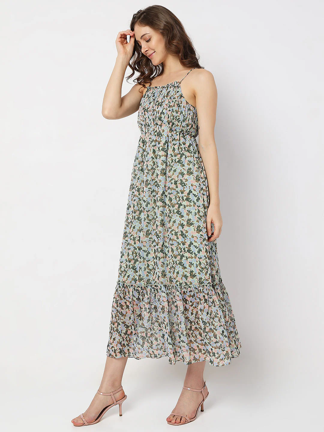 Green Floral Tiered Midi Dress - Image 3