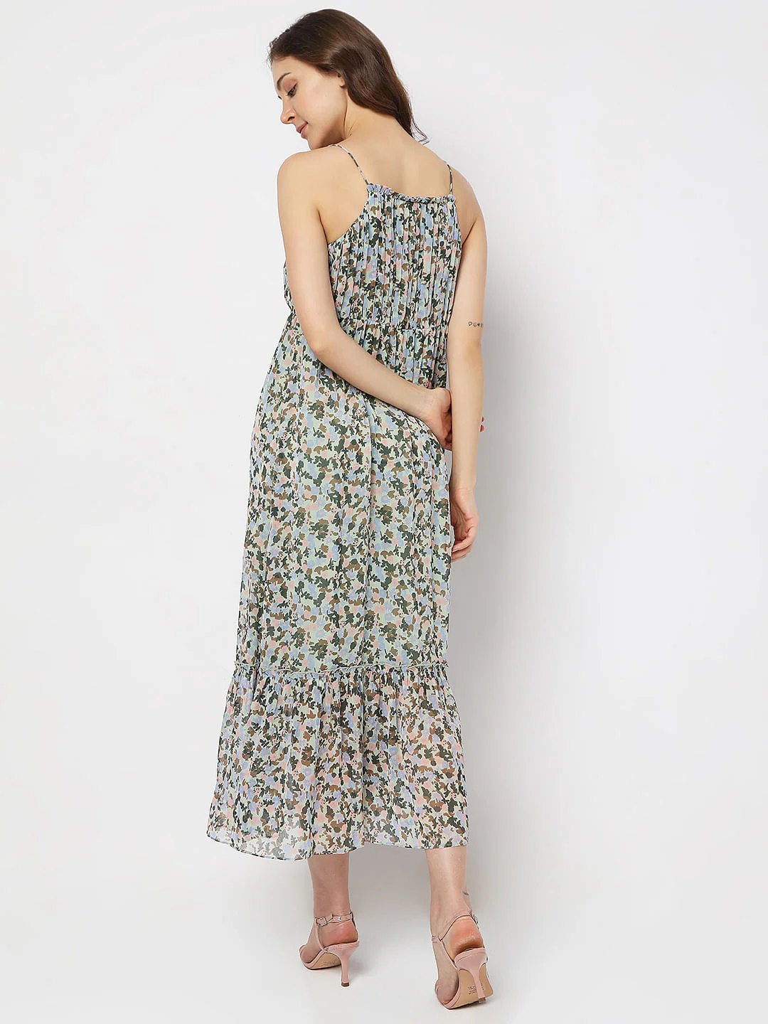Green Floral Tiered Midi Dress - Image 4