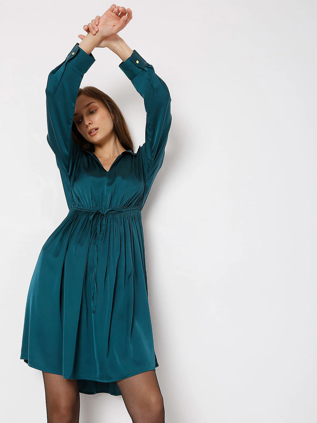 Deep Teal Satin Fit & Flare Dress - Image 2