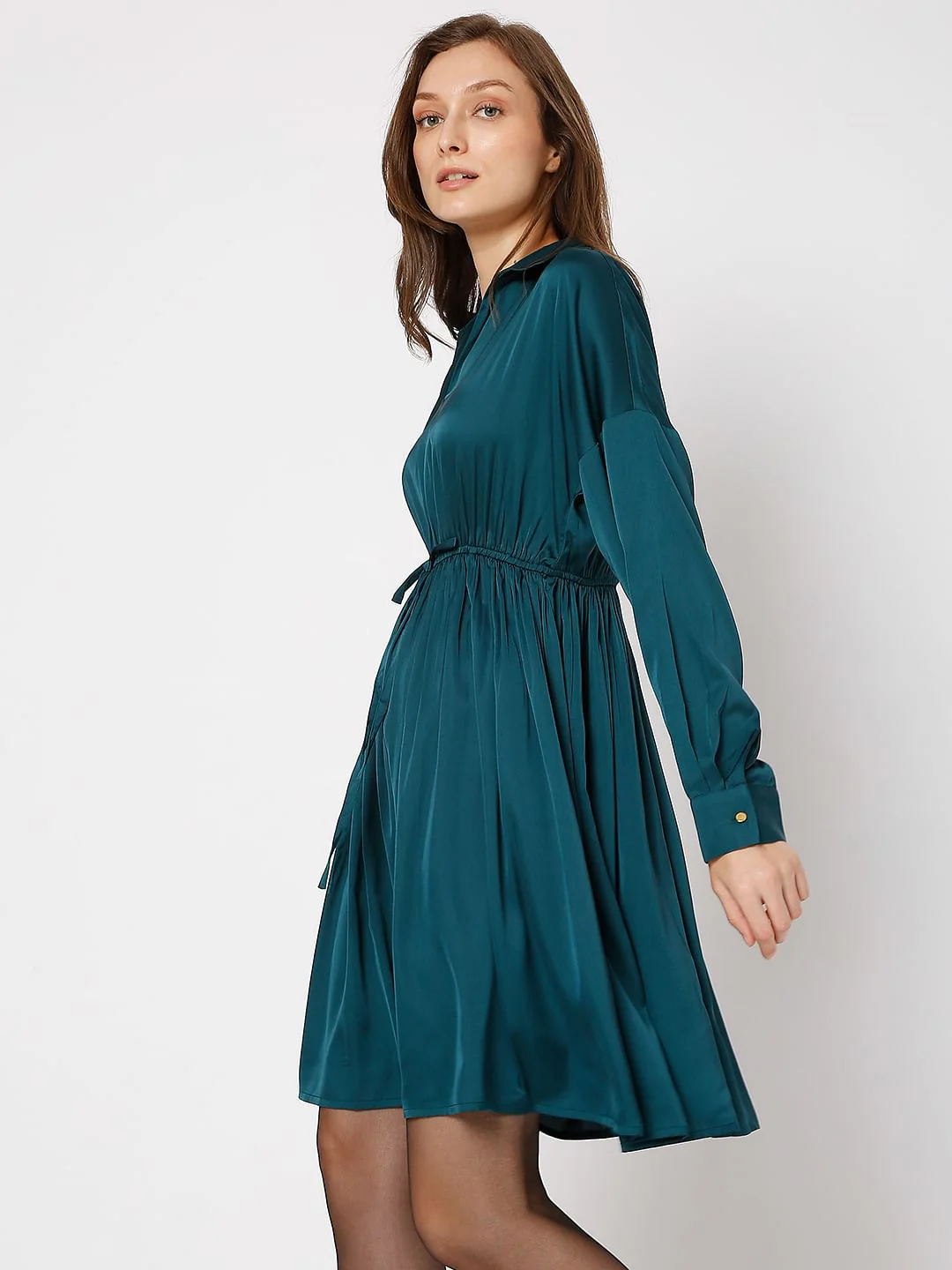 Deep Teal Satin Fit & Flare Dress - Image 3