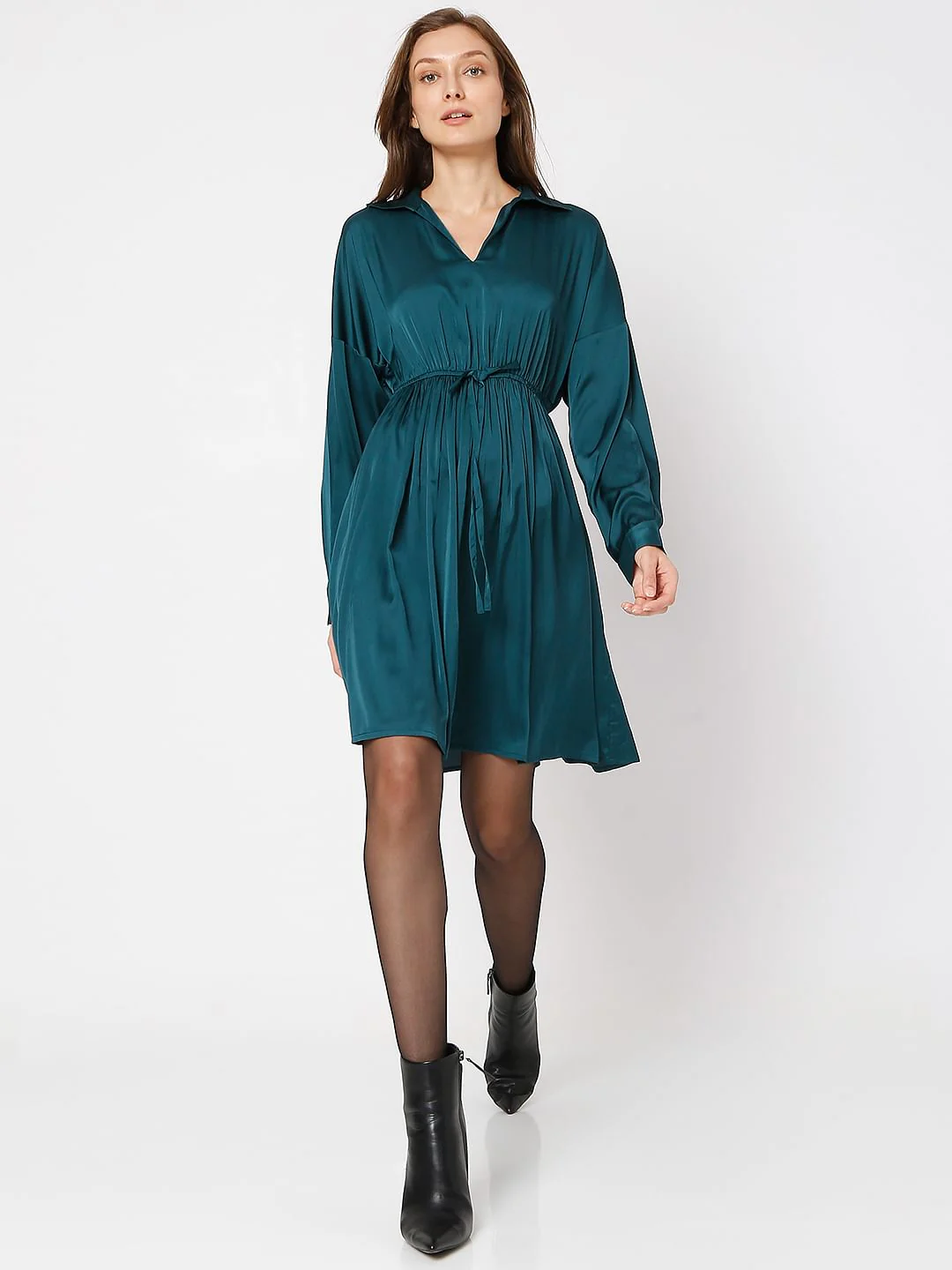 Deep Teal Satin Fit & Flare Dress - Image 5
