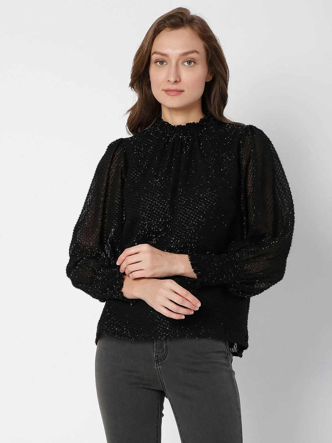 Black Shimmer High-Neck Top - Image 2