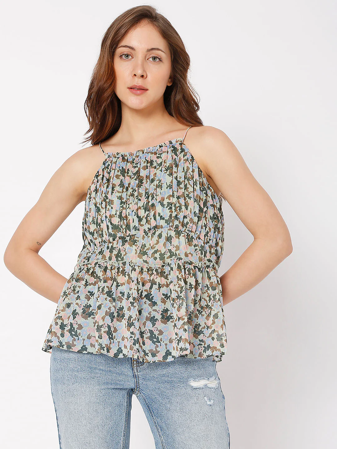 Green Floral Pleated Strap Top - Image 2