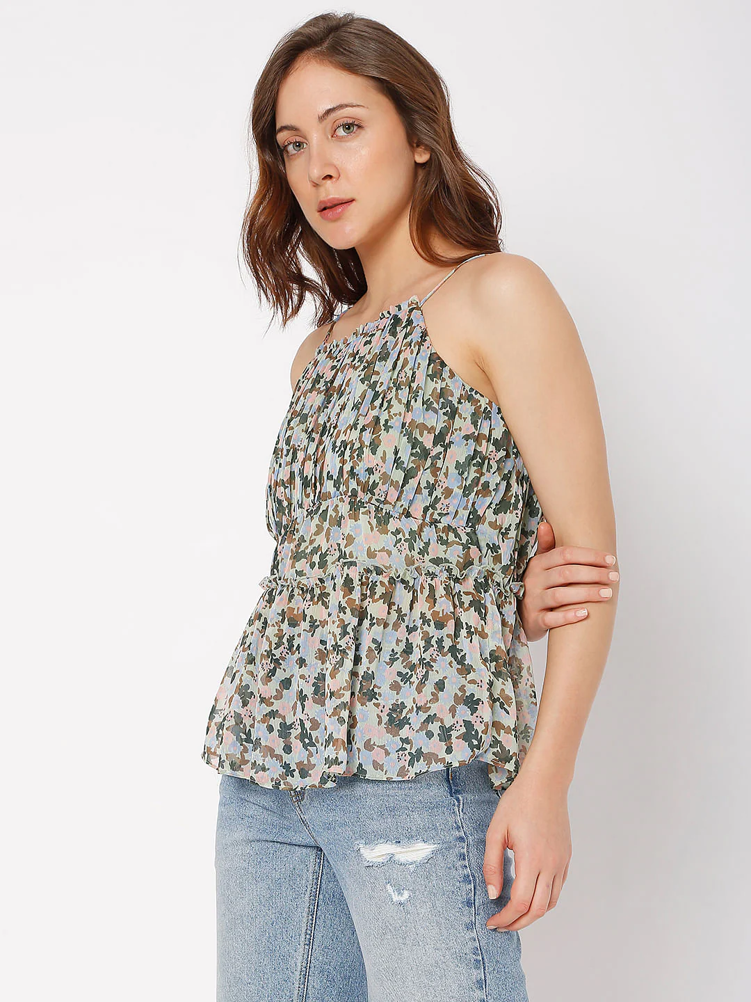Green Floral Pleated Strap Top - Image 3