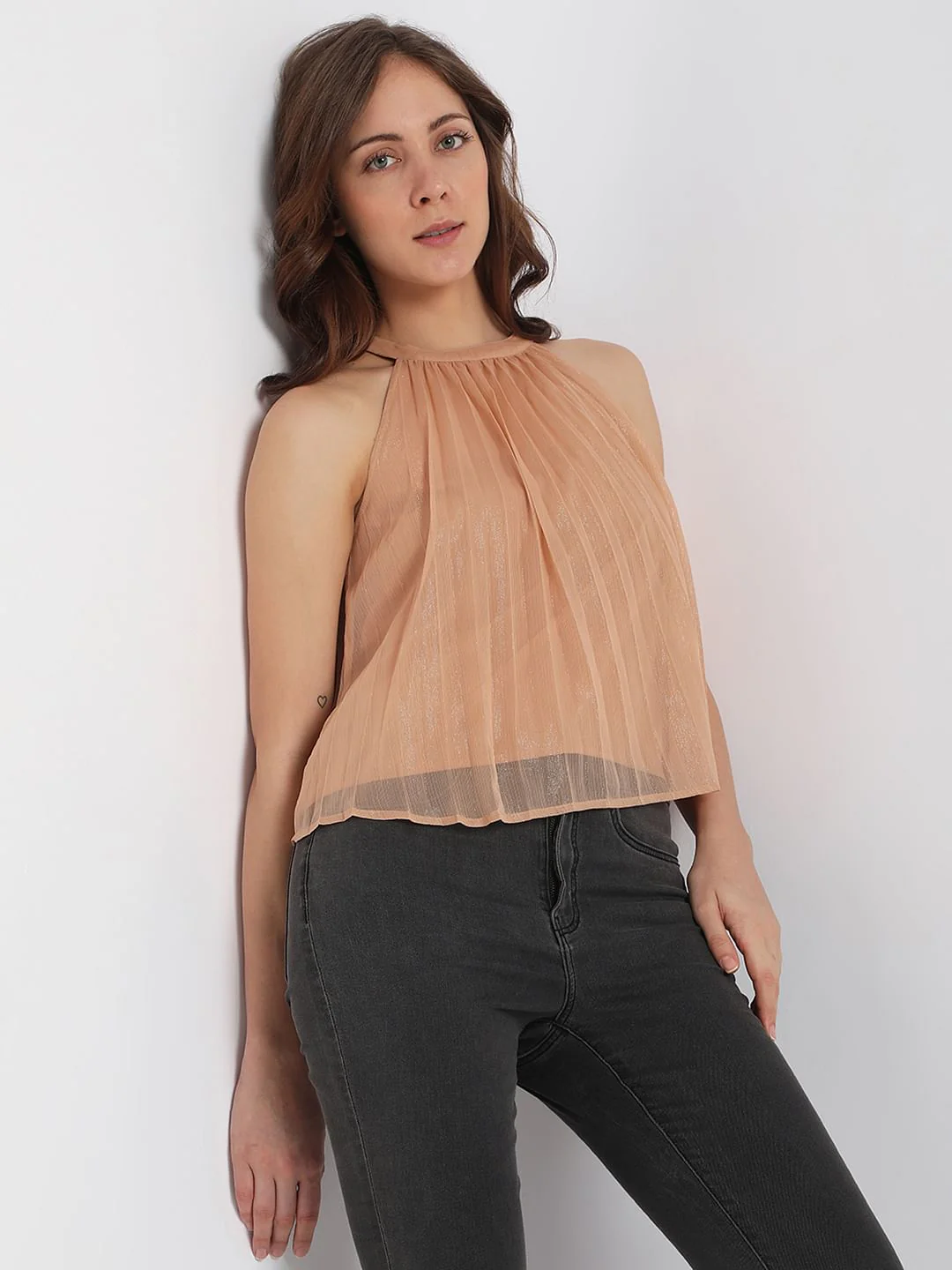 Beige Halter Neck Shimmer Top - Image 2