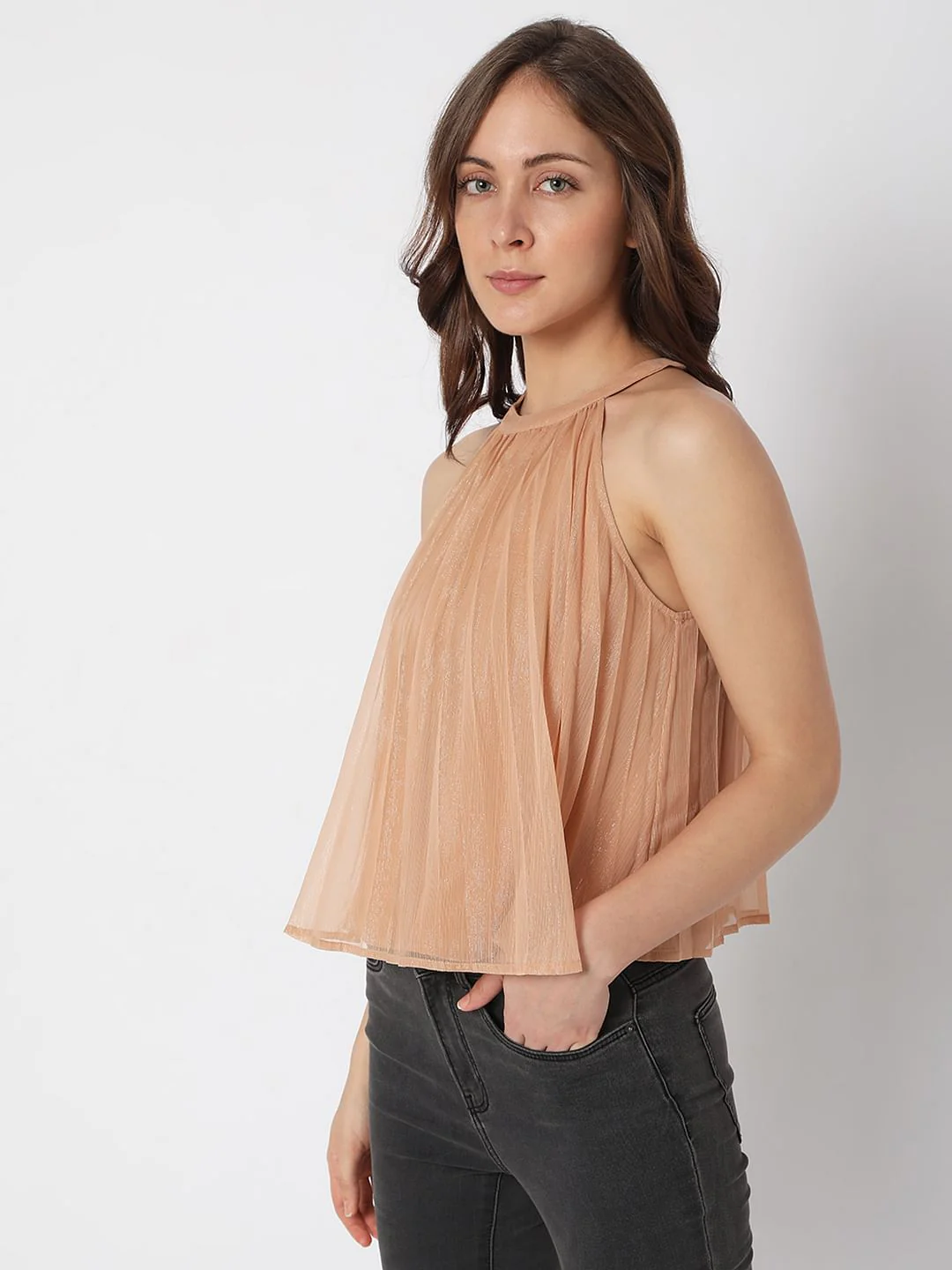 Beige Halter Neck Shimmer Top - Image 3