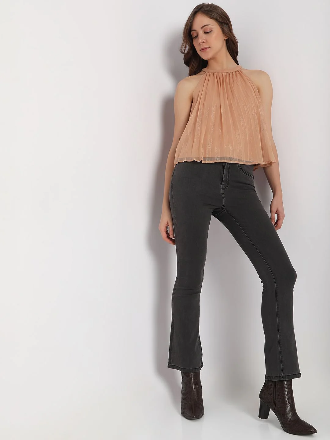 Beige Halter Neck Shimmer Top - Image 5