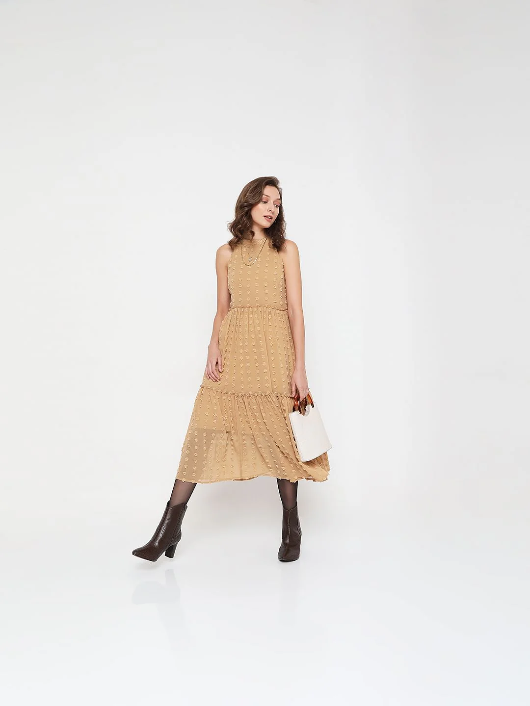 Beige Dobby Midi Dress