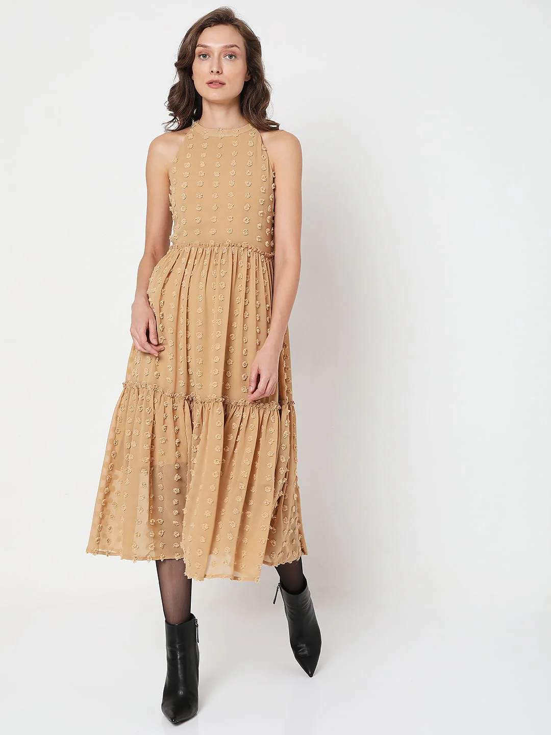 Beige Dobby Midi Dress - Image 2
