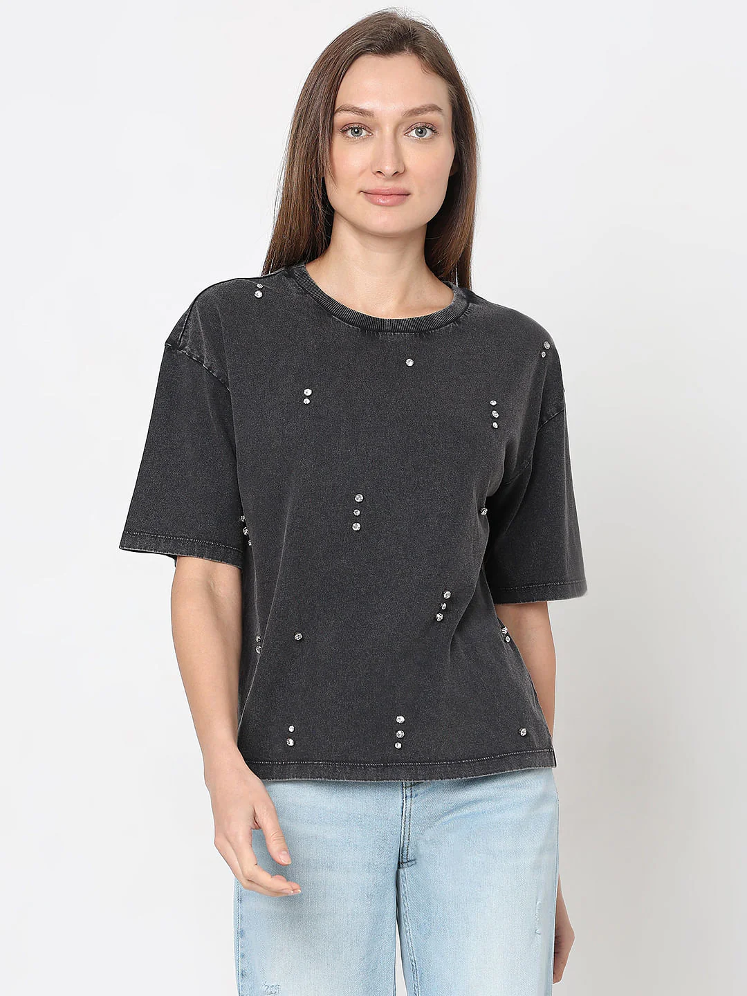 Black Embellished Cotton T-Shirt - Image 2