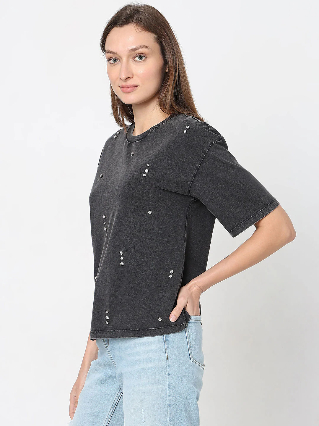 Black Embellished Cotton T-Shirt - Image 3