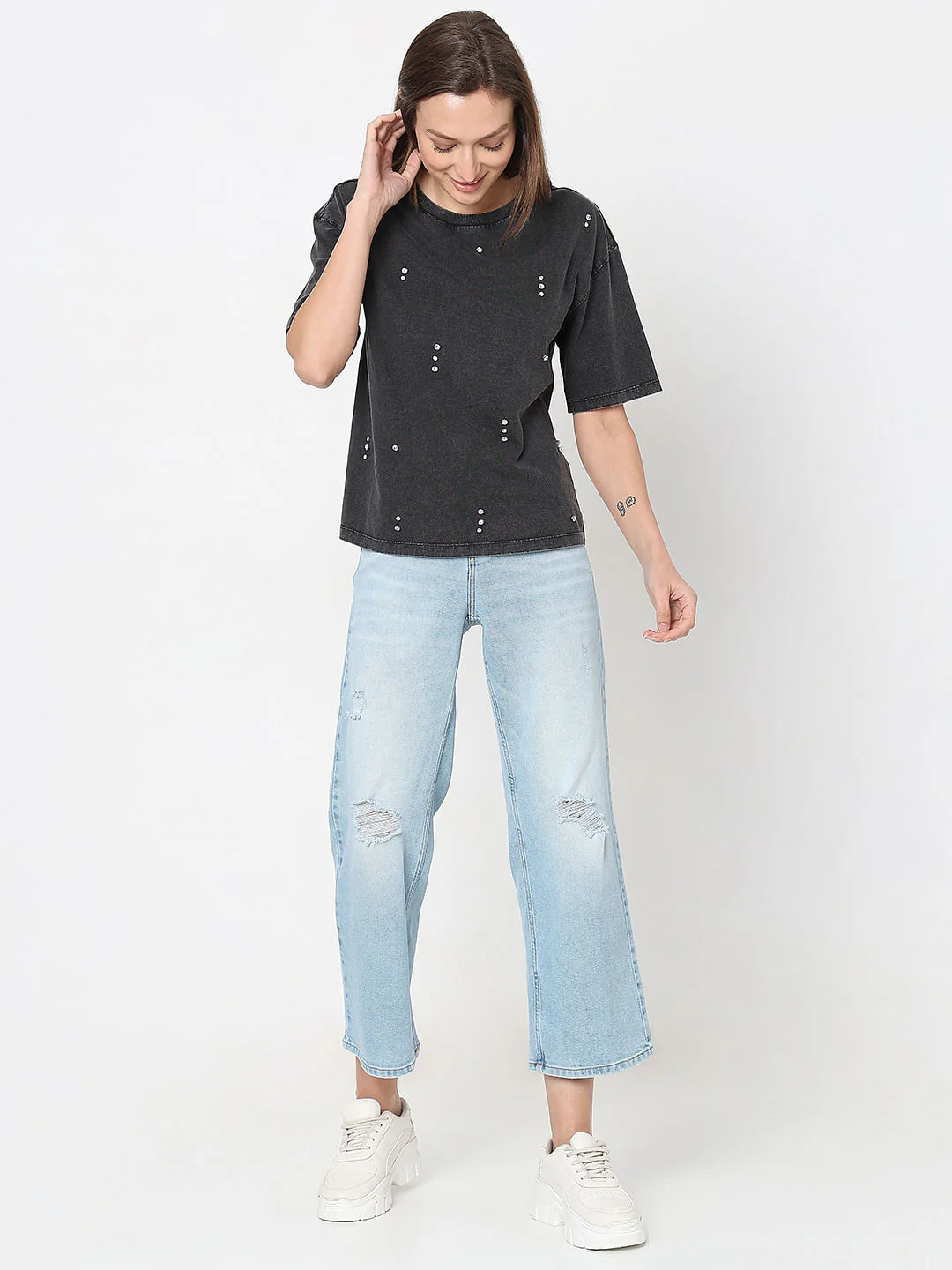 Black Embellished Cotton T-Shirt - Image 5