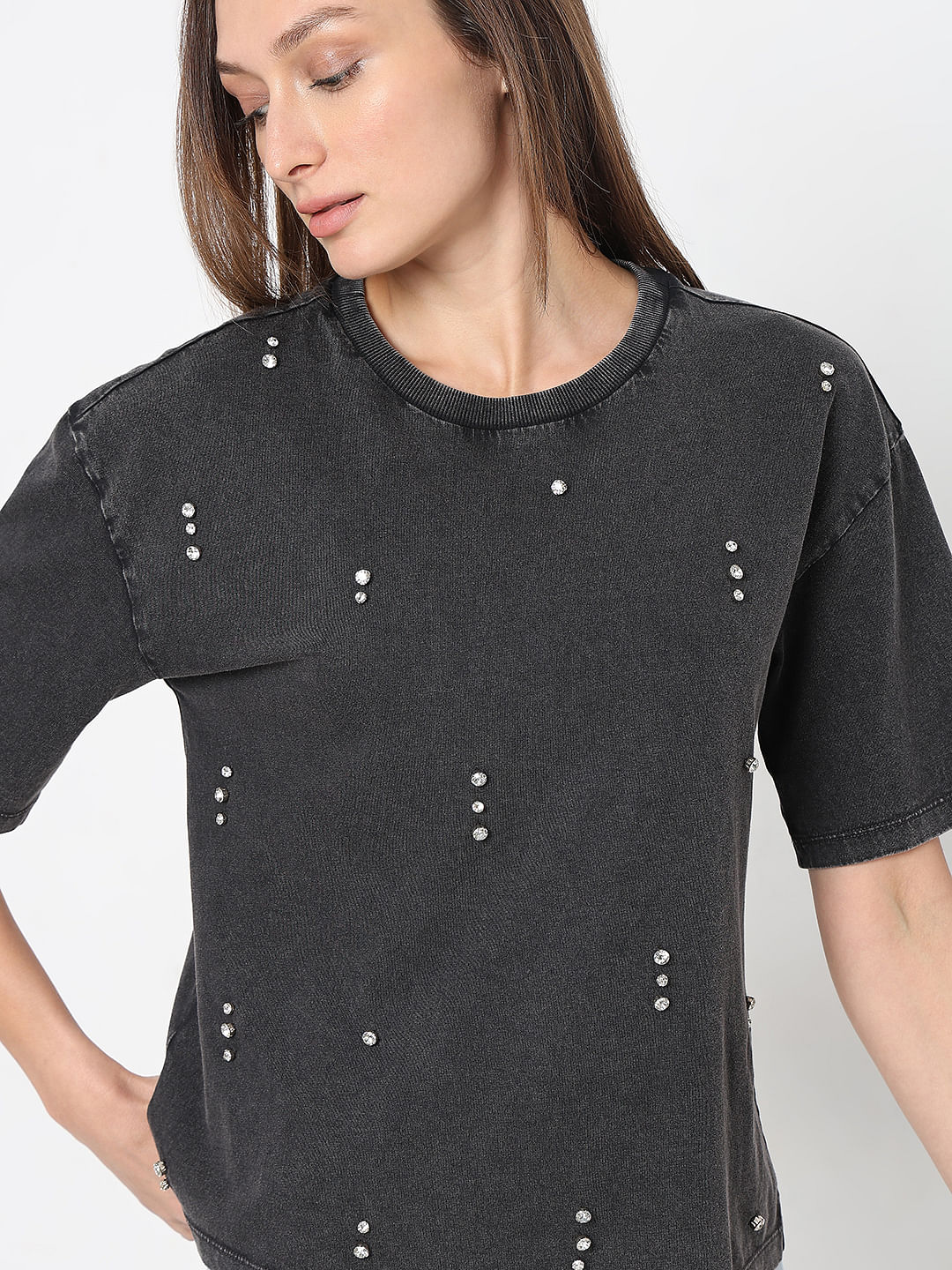 Black Embellished Cotton T-Shirt - Image 6