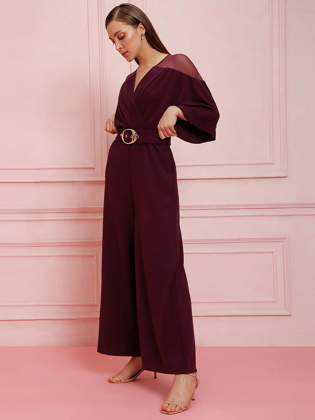 Marquee Maroon Sheer Detail Jumpsuit - Image 3
