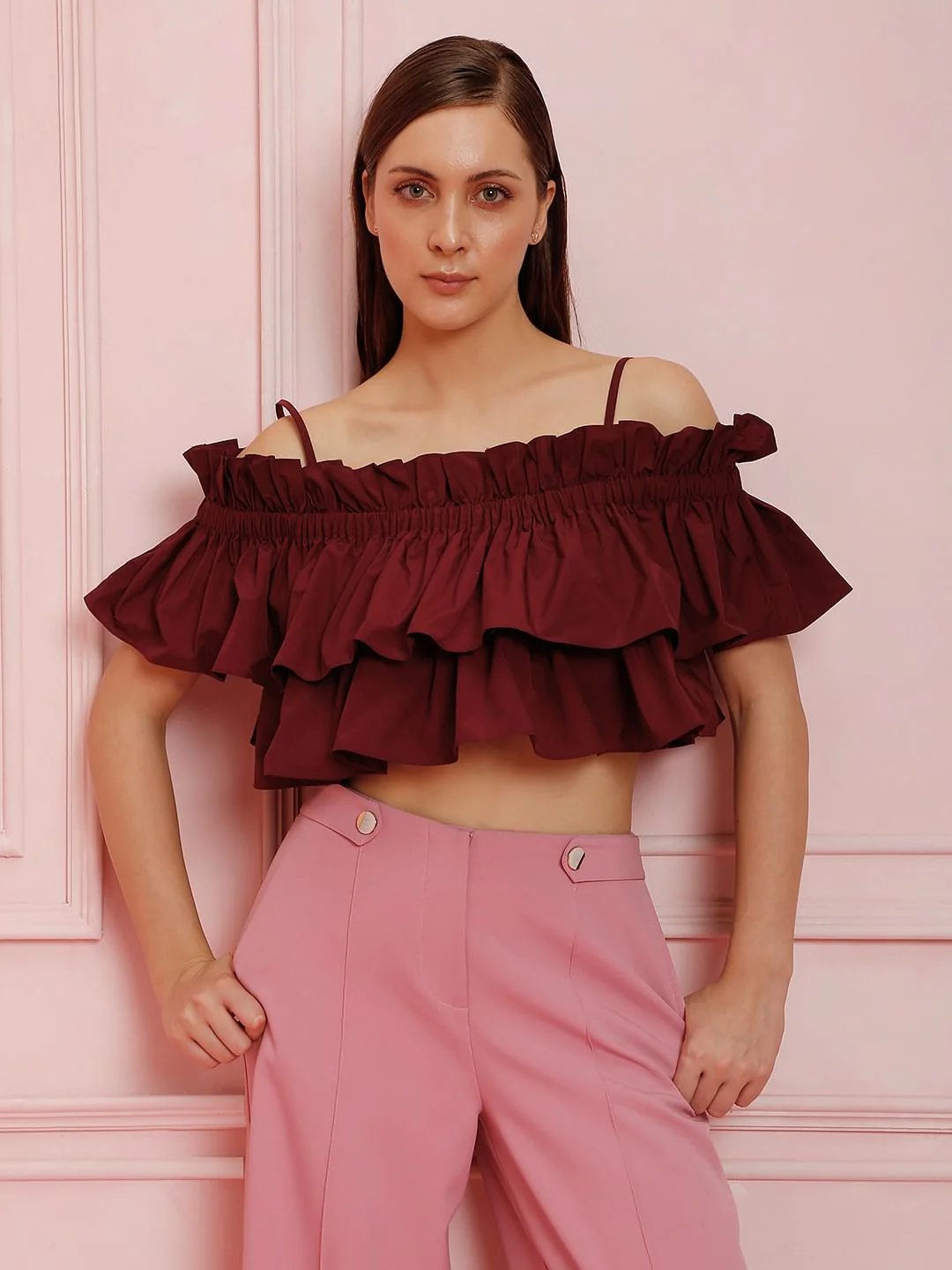 Marquee Maroon Ruffle Off Shoulder Crop Top - Image 2