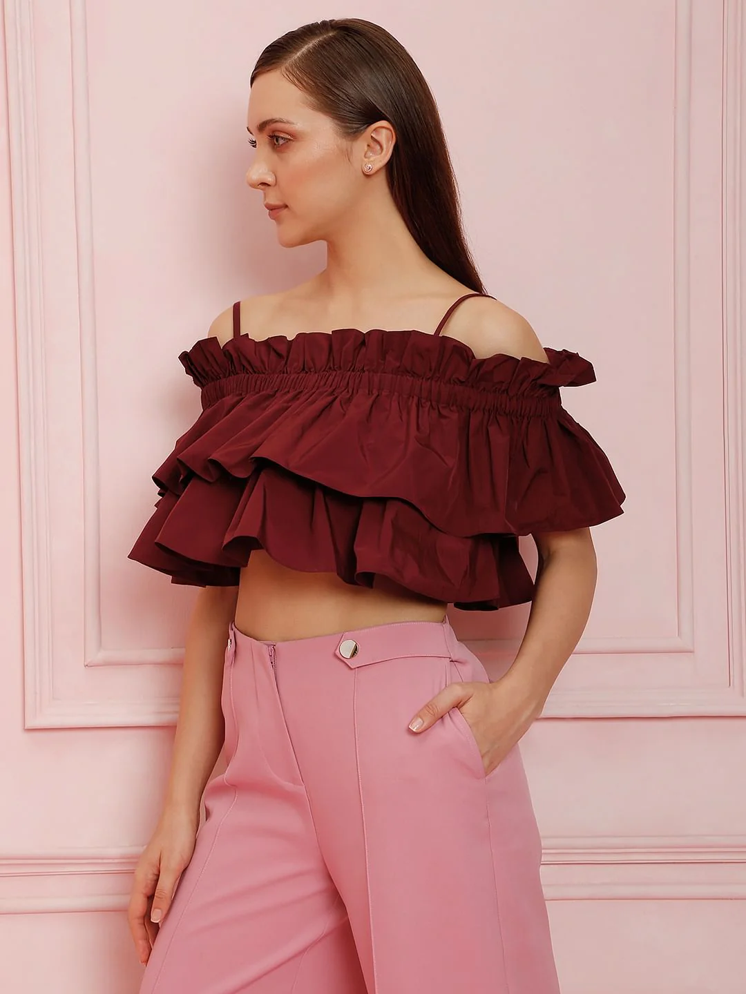 Marquee Maroon Ruffle Off Shoulder Crop Top - Image 3