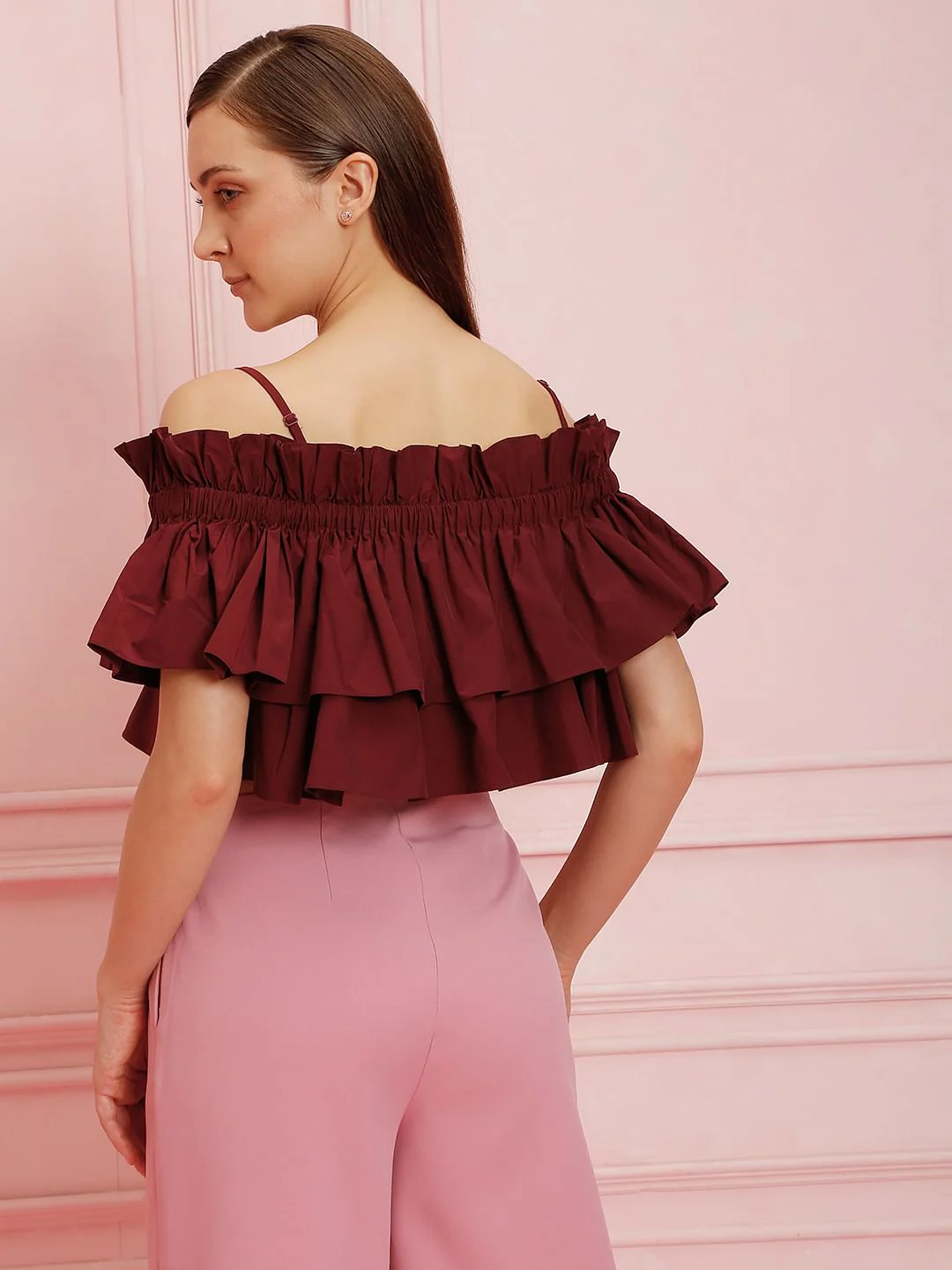 Marquee Maroon Ruffle Off Shoulder Crop Top - Image 4