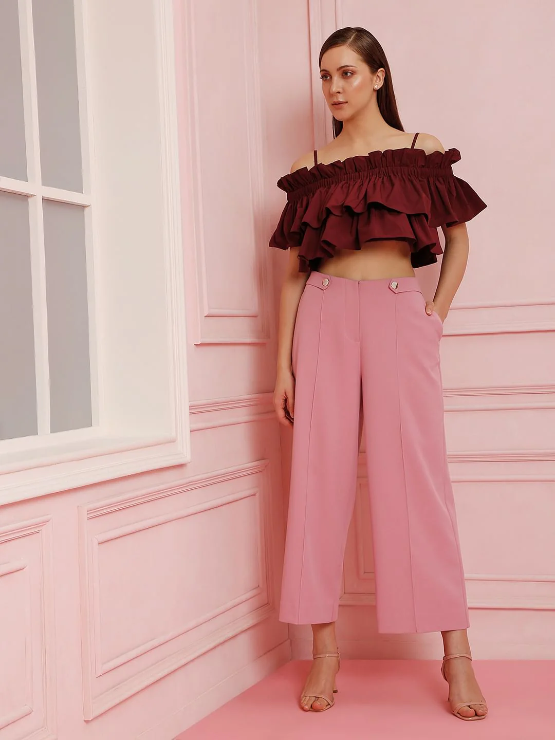Marquee Maroon Ruffle Off Shoulder Crop Top - Image 5
