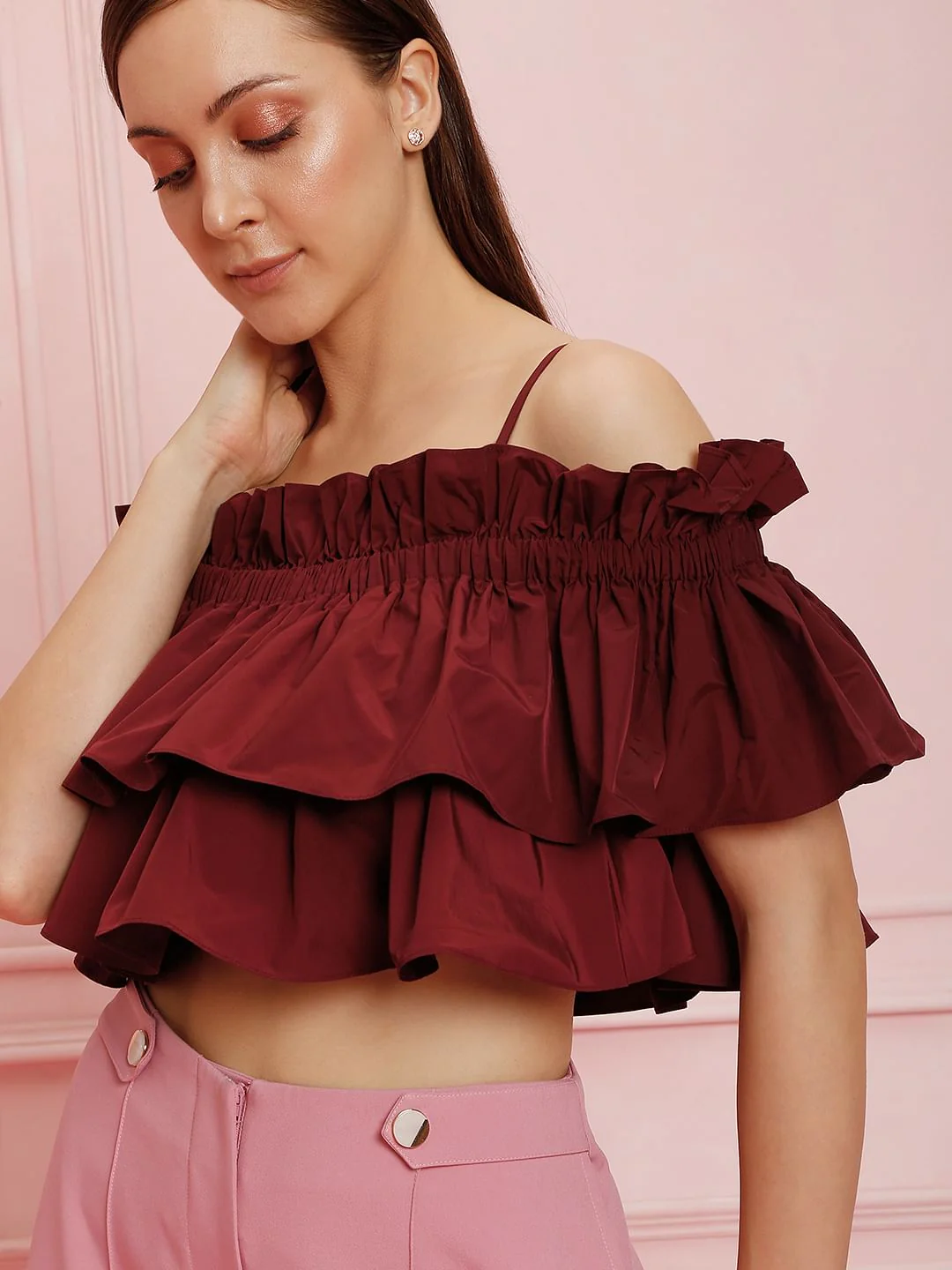 Marquee Maroon Ruffle Off Shoulder Crop Top - Image 6