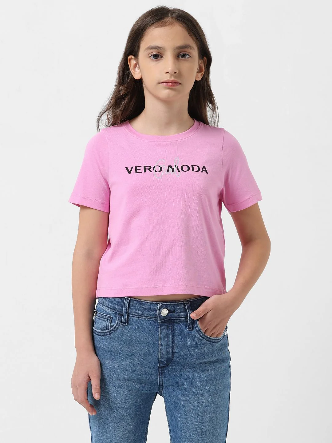 Girl Pink Logo Text Cropped T-Shirt - Image 2