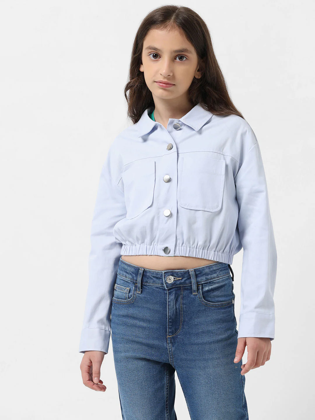 Girl Light Blue Cropped Shacket - Image 2