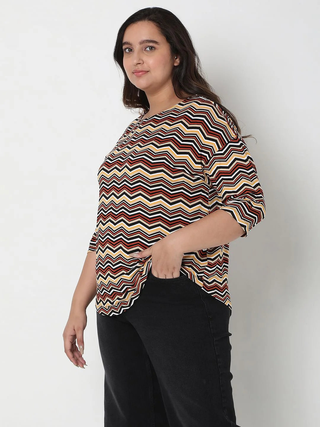 Curve Brown Zig-Zag Print Top - Image 3
