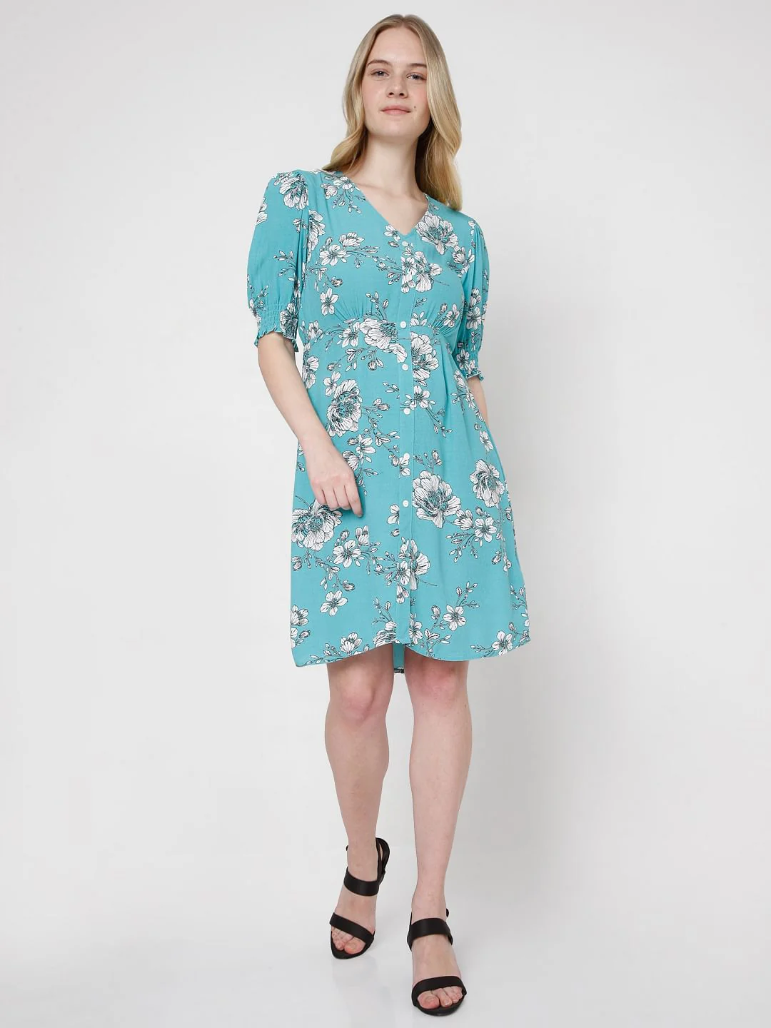Blue Floral Fit & Flare Dress - Image 5