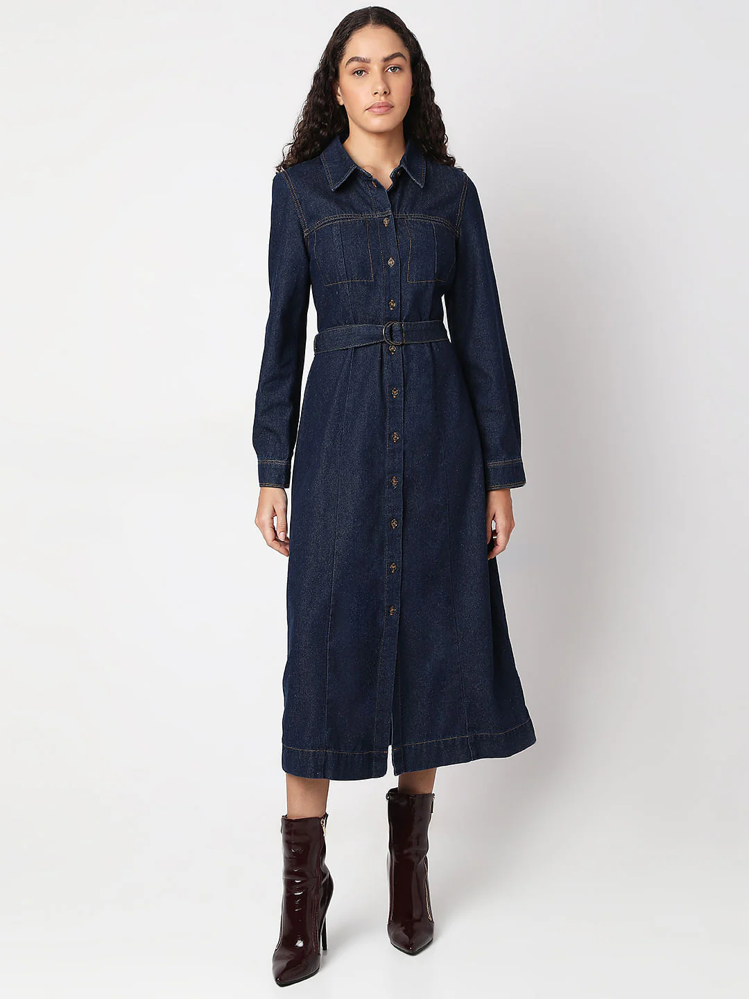 Dark Blue Denim Midi Dress - Image 2