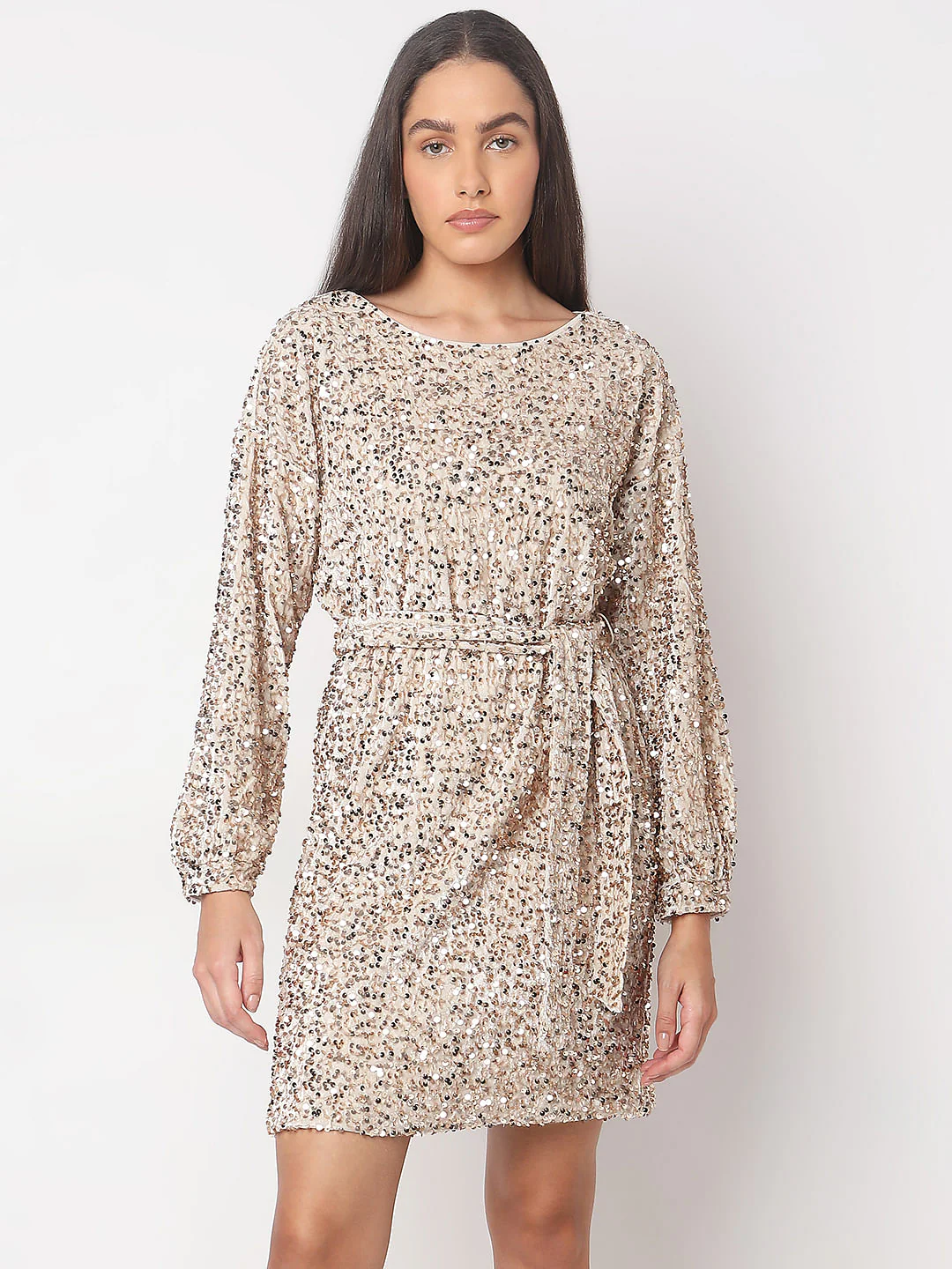 Beige Sequined Boatneck Dress - Image 2