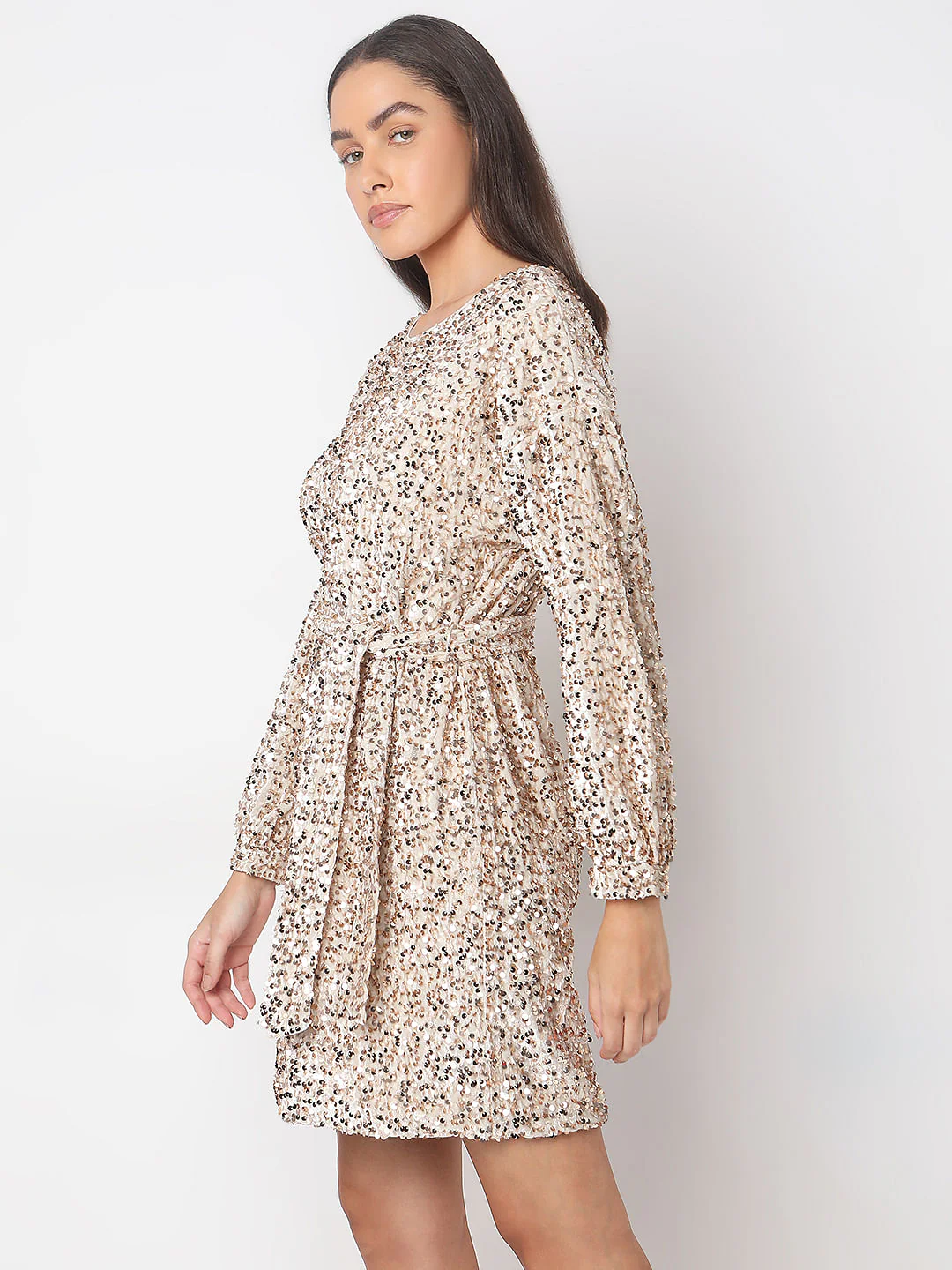 Beige Sequined Boatneck Dress - Image 3