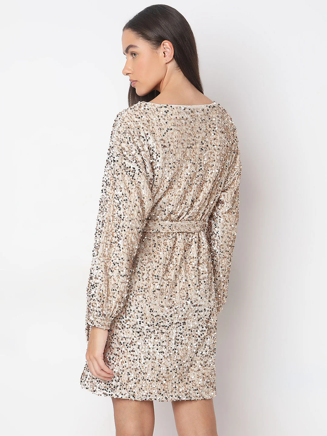 Beige Sequined Boatneck Dress - Image 4