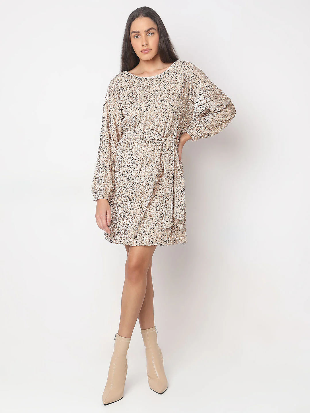 Beige Sequined Boatneck Dress - Image 5