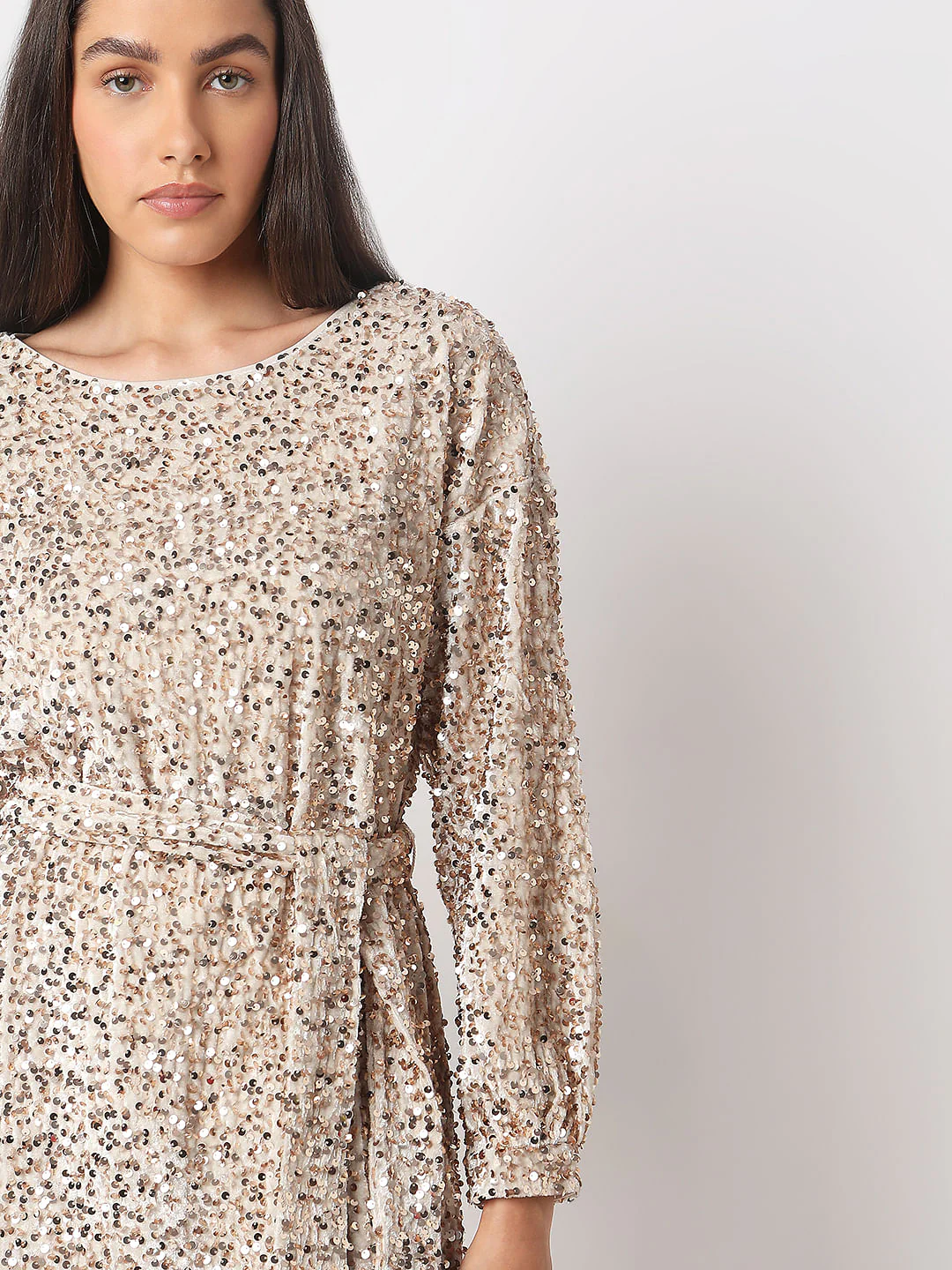 Beige Sequined Boatneck Dress - Image 6