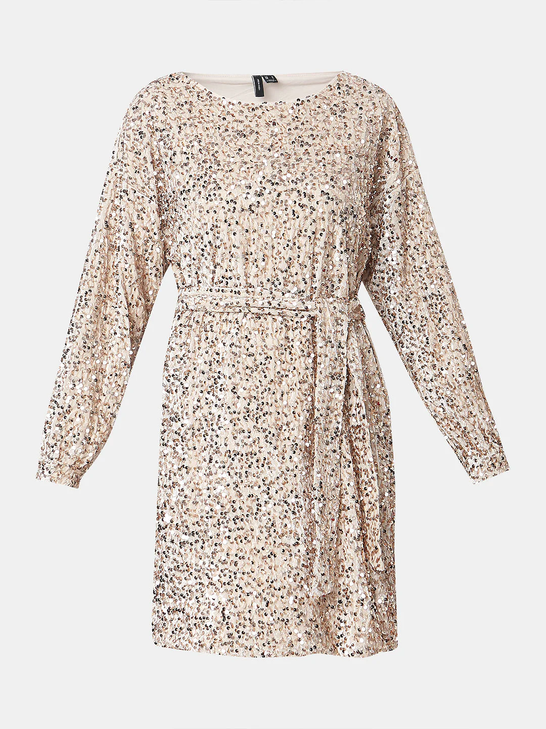 Beige Sequined Boatneck Dress - Image 7