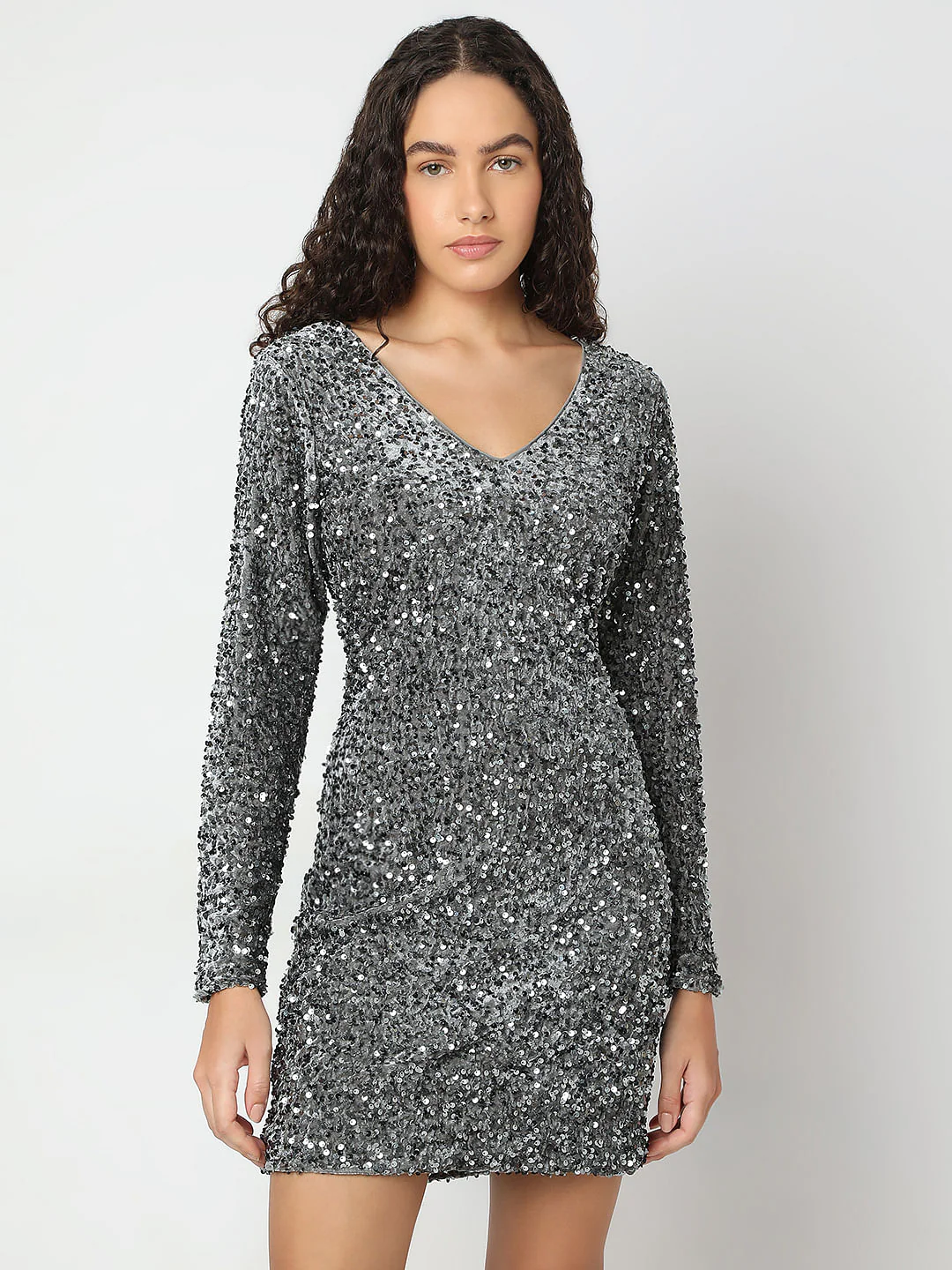 Silver Sequined V-Neck Short Dress - Image 2