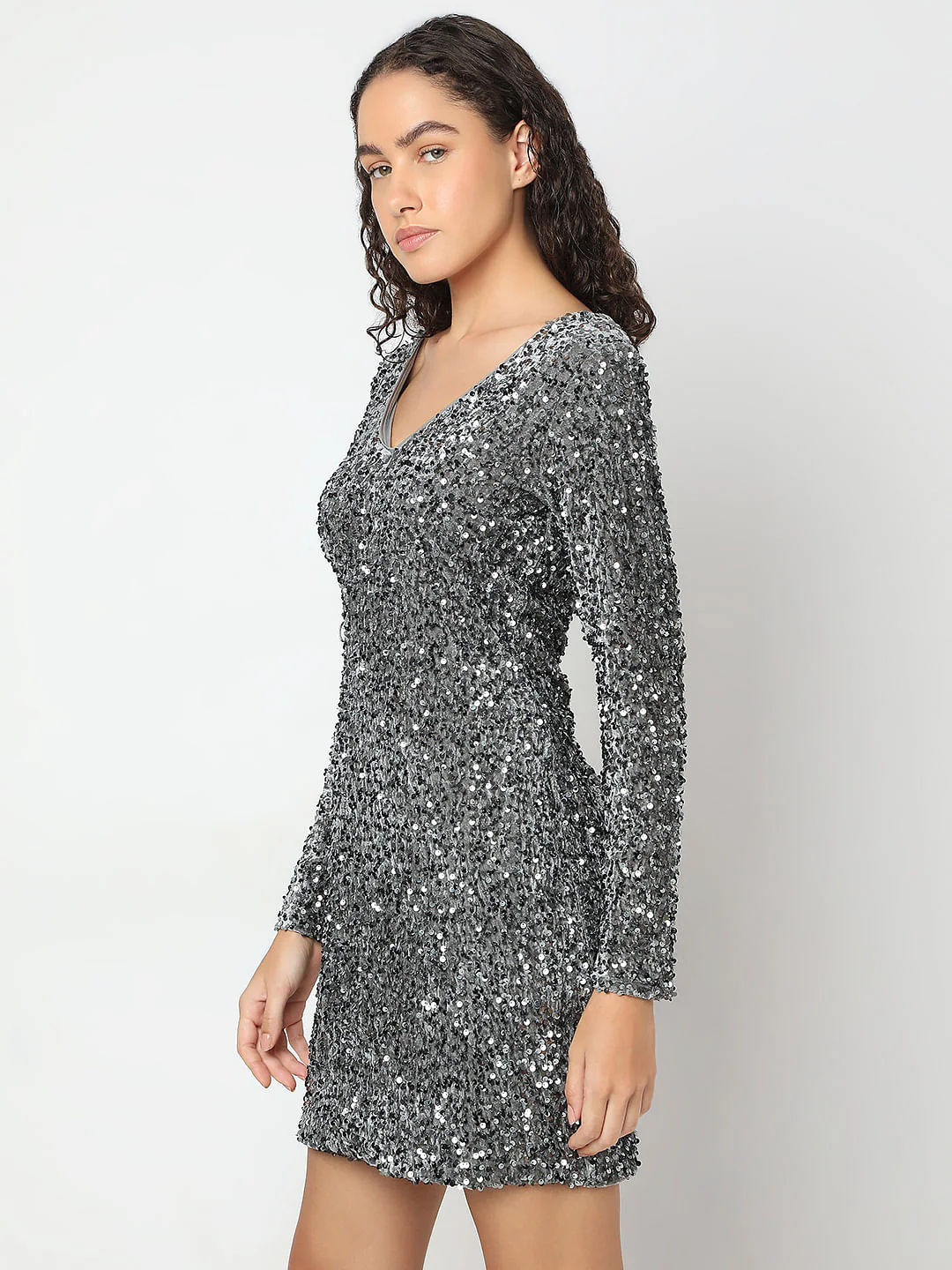 Silver Sequined V-Neck Short Dress - Image 3