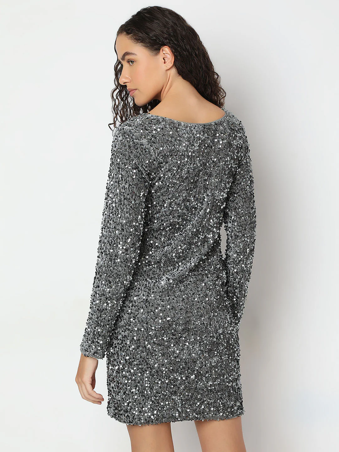 Silver Sequined V-Neck Short Dress - Image 4