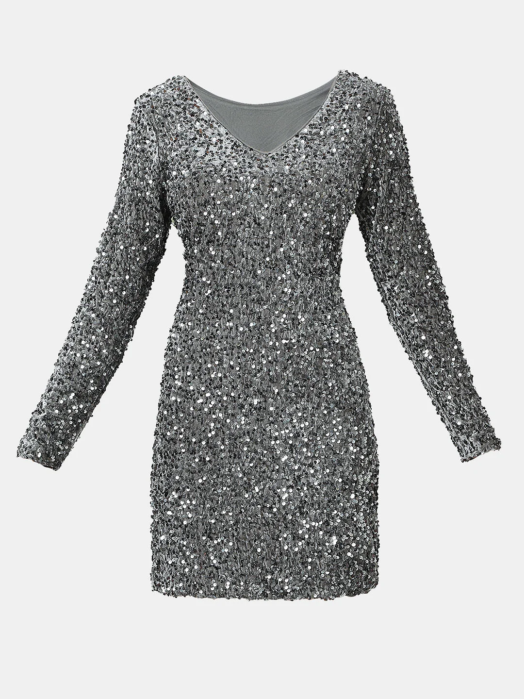 Silver Sequined V-Neck Short Dress - Image 7