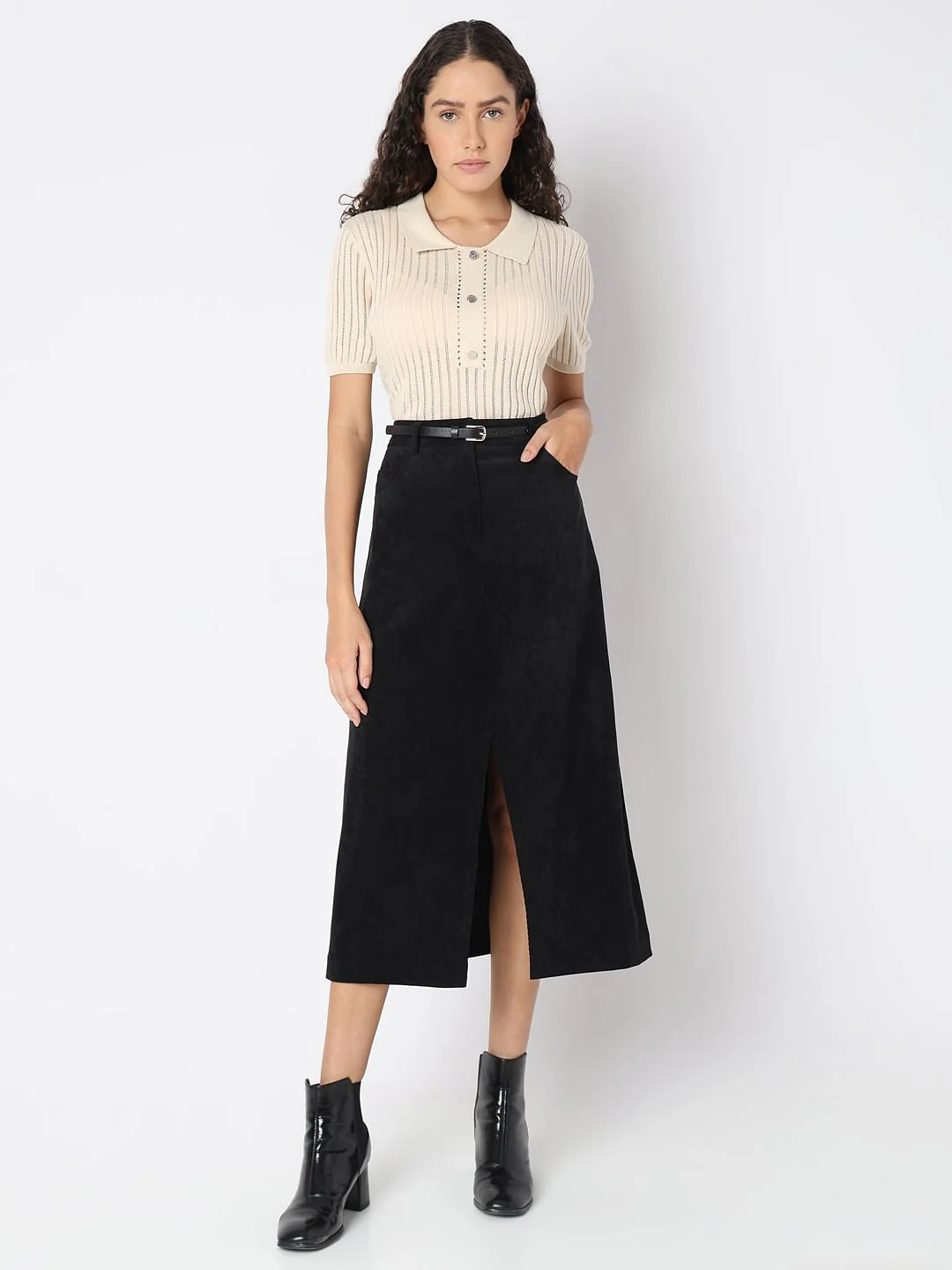 Black Mid Rise Slit Skirt - Image 5