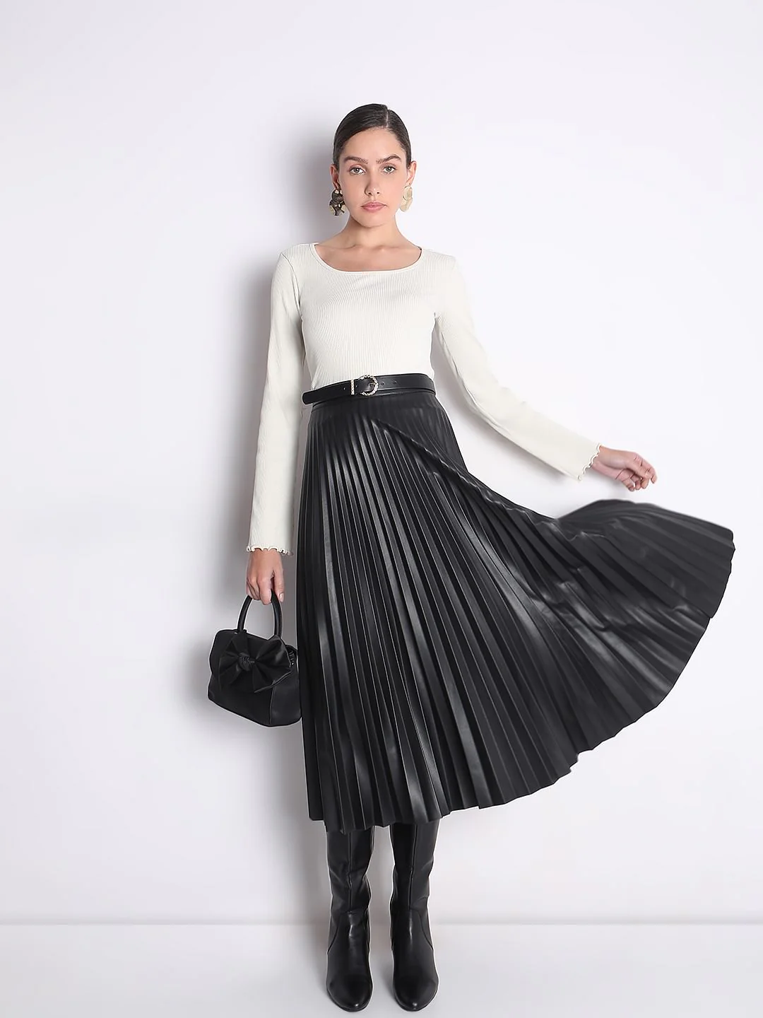 Black Pleated Midi Skirt