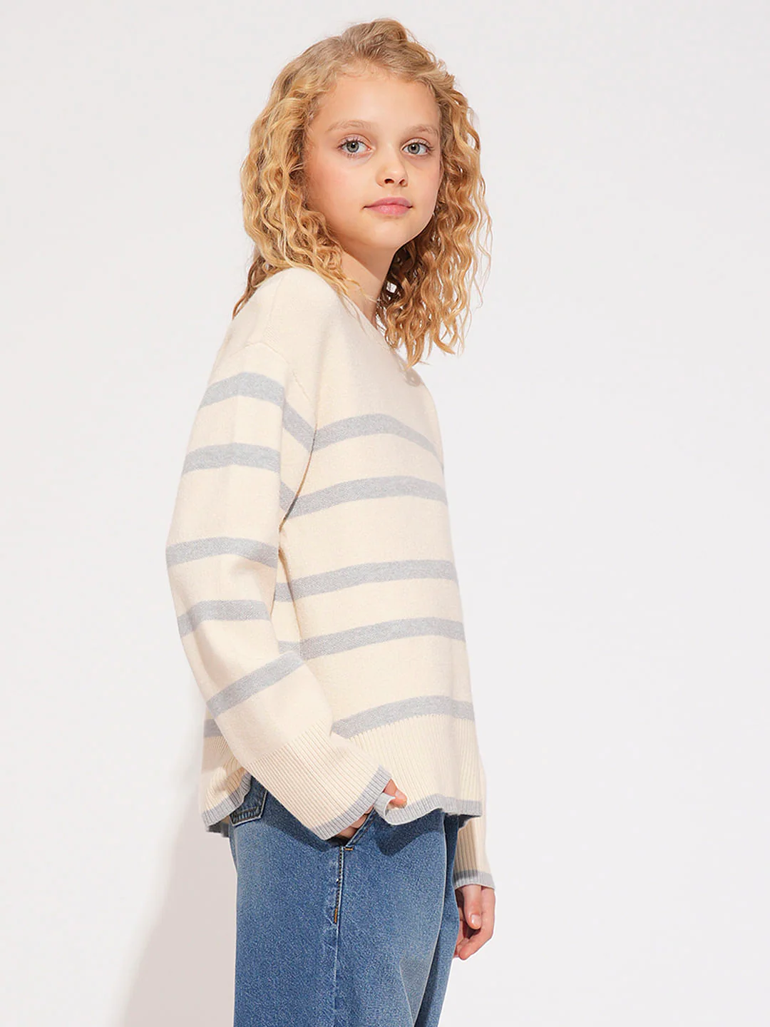 Girls Beige Striped Pullover - Image 2